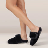 Aetrex Slippers - Open Heel Aetrex Women's Misty Furry Slippers- Black