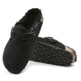 Birkenstock Clogs - Open Heel Birkenstock Boston Shearling Suede Leather -  Black