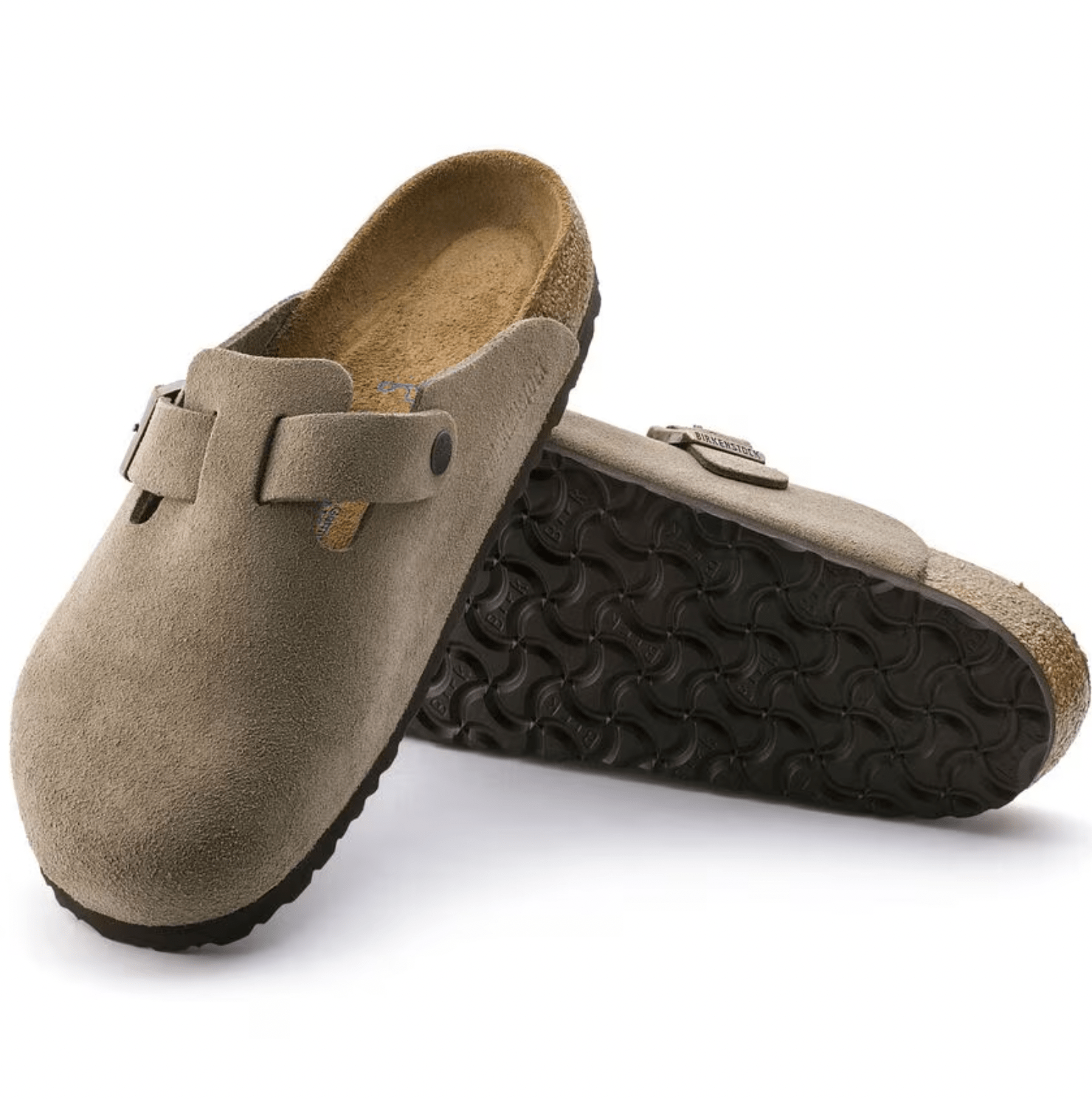Birkenstock Clogs - Open Heel Birkenstock Boston Suede Clogs (Soft Footbed)- Taupe