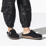 Birkenstock Clogs - Open Heel Birkenstock Buckley Shearling Suede Clogs- Black