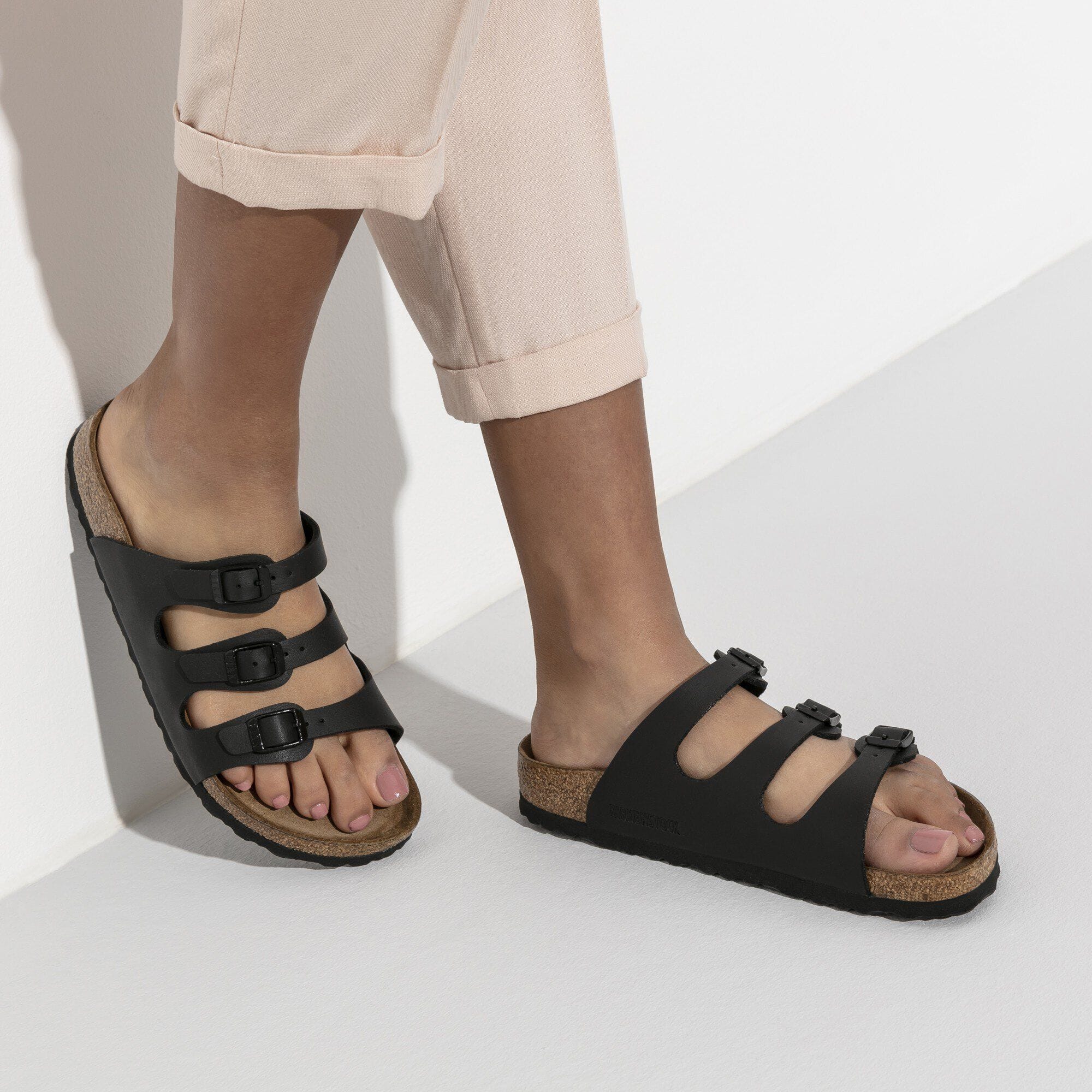 Birkenstock Three-Strap Sandals Birkenstock Florida Sandals (Soft Footbed)- Black Birko-Flor