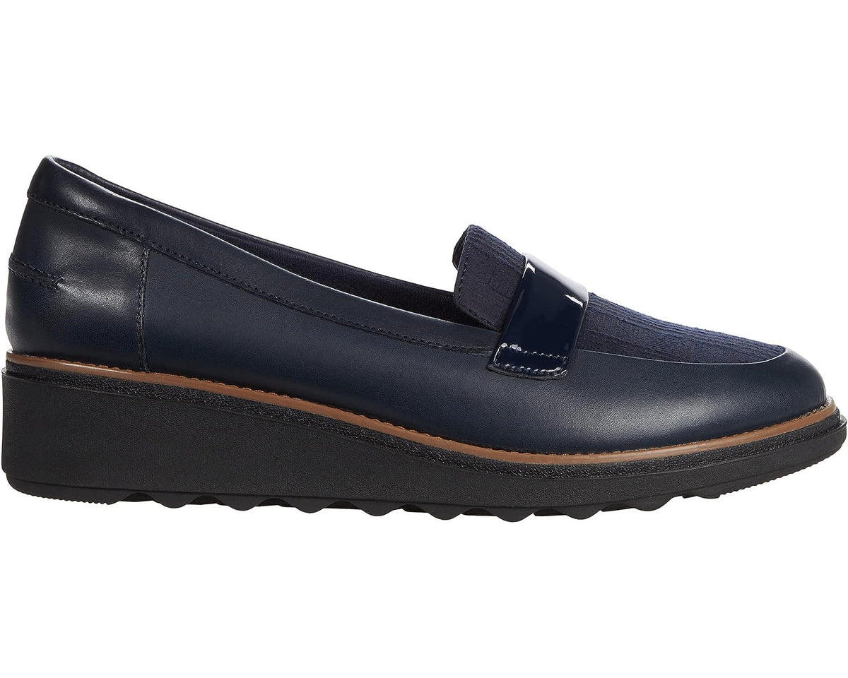 Clarks Womens Sharon Gracie Wedge Penny Loafer- Navy Combi Leather ...