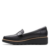 Clarks Slip-Ons & Loafers Clarks Womens Sharon Gracie Wedge Penny Loafer- Black Patent Croc