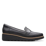 Clarks Slip-Ons & Loafers Clarks Womens Sharon Gracie Wedge Penny Loafer- Black Patent Croc