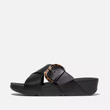FitFlop Ankle Strap Sandals Medium / Black / 6 US FitFlop Women's Lulu Resin Buckle Leather Cross Slides- All Black