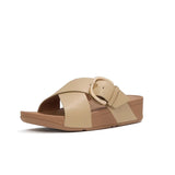 FitFlop Flat Sandals FitFlop Women's Lulu Resin Buckle Leather Cross Slides- Cappucino