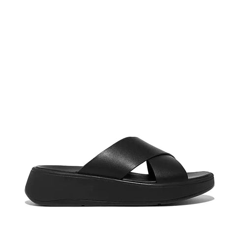 Fitflop Sandals 5 / Black / B (Medium) Fitflop Womens F-Mode Leather Flatform Cross Slides- All Black